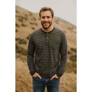 MARINE LAYER Gray Stipe Pullover Henley Shirt Top    Mens Size Medium